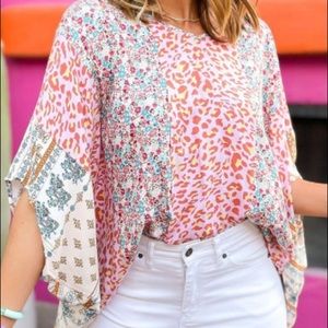 Multicolor Leopard Floral Mix Print Casual Cape Blouse